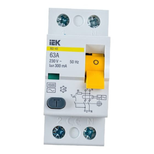 Выключатель IEK ВД1-63 (MDV10-2-063-300) дифф.тока УЗО 63A 300мА AC 2П 230В 2мод белый (упак. 1шт)