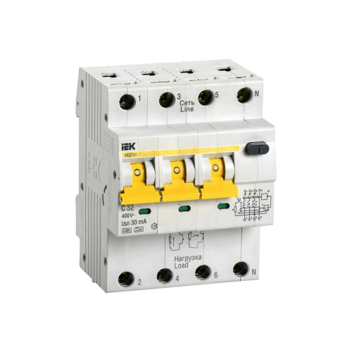 Дифавтомат IEK АВДТ 34 (MAD22-6-032-C-30) 32A тип C 6kA 30мА A 4П 400В белый