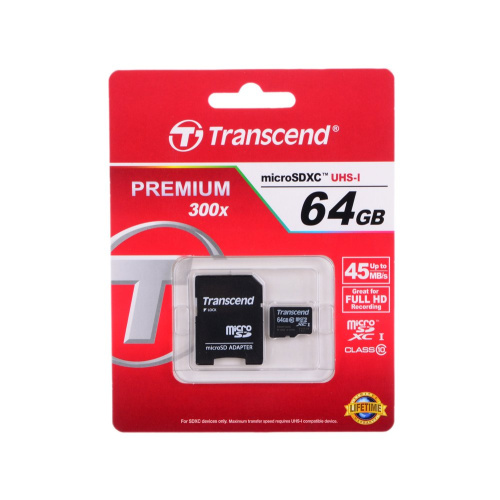Карта памяти Transcend TS64GUSDXC10 microSDXC 64GB UHS-I Class U1 с адаптером